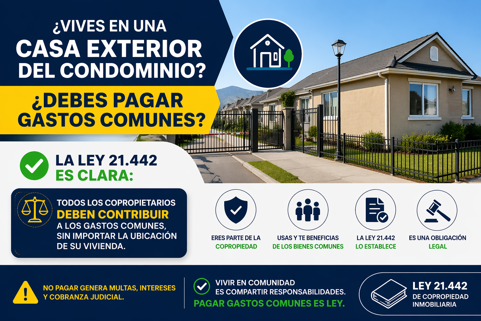 ¿Vives en una casa exterior del condominio? Entonces esto te interesa: ¿Debes pagar gastos comunes según la Ley 21.442?